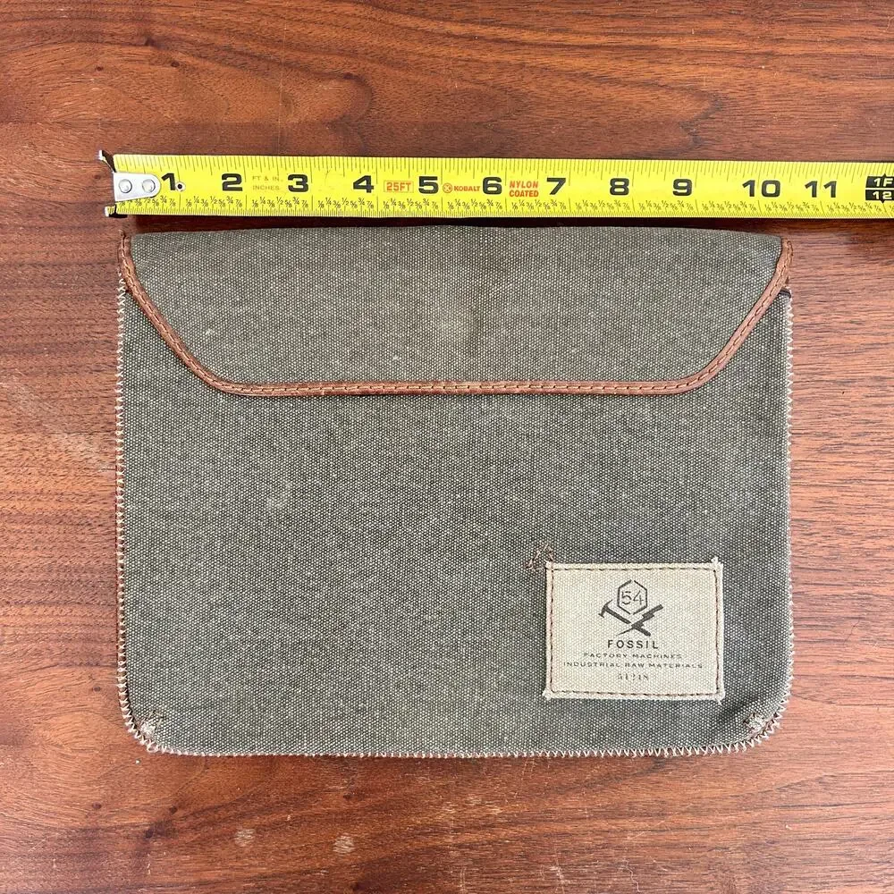 Vintage Fossil Canvas Green Leather Trim Pouch Sleeve Case 10” x 9” Zip Pocket